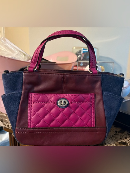Coach Handbags - Women's Two-Tone Fuchsia and Navy Quilted Accent Top-Handle Bag